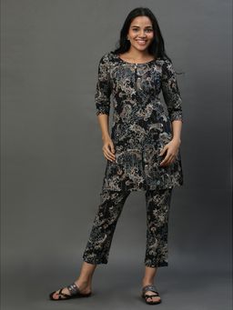 Aurelia - Black Floral Printed Kurta with Pants (Set of 2)