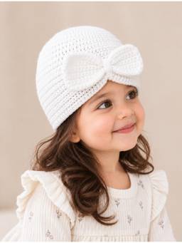 FUNKRAFTS - Girls Handmade Knitted Woolen Beanie Cap - White