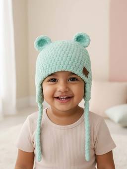 FUNKRAFTS - Kids Handmade Knitted Woolen Beanie Cap - Green