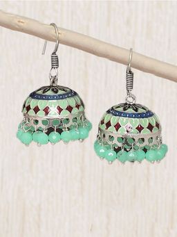 OOMPH - Oxidised Silver Tone Mint Green Meenakari Ethnic Jhumka Earrings