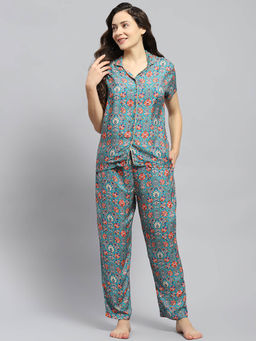 Monte Carlo - Womens Teal Solid Collared Half Sleeve Shirt with Pyjama (Set of 2)