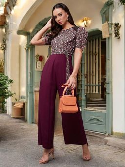 Miss Chase - Women Wine Round Neck Puff Sleeve Floral Wide-Leg Jumpsuit