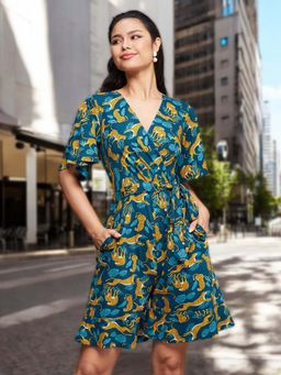 Miss Chase - Women Teal V-Neck Animal-Patterned Wrap Knee Length Playsuit