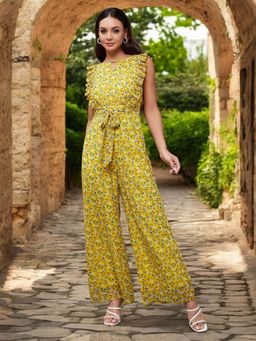 Miss Chase - Women Yellow Keyhole Neck Floral Wide Leg Jumpsuit