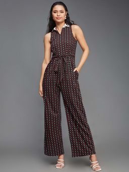 Miss Chase - Women Black Shirt Collar Polka Dot Waist Tie-Up Jumpsuit
