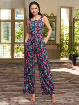 Miss Chase - Women Navy Blue Square Neck Sleeveless Fruit Waist Tie-Up Jumpsuit