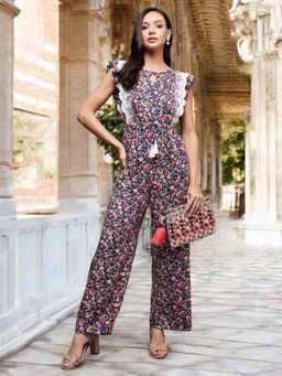 Miss Chase - Women Navy Blue Keyhole Neck Frilled Bohemian Jumpsuit