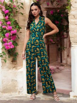 Miss Chase - Women Green Shirt Collar Sleeveless Animal-Printed Wrap Jumpsuit