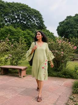 Kaveri - Green Rose Garden Tan Tan Dress