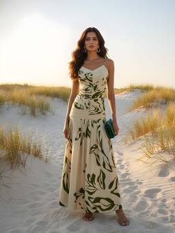 Poppi - Green Fennel Printed Strappy Maxi Dress