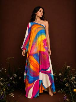 Poppi - Multi-Color Rainbow Printed Cowl Dress
