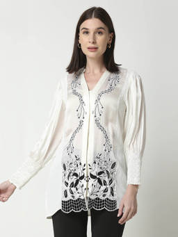 Neha Gursahani - Ivory Floral Embroidered Shirt