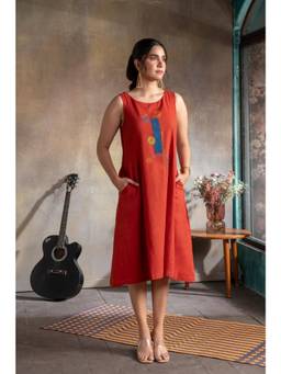 EARTHWEAR - Red Hand Embroidered Handloom Cotton Sleeveless Dress