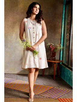 EARTHWEAR - White Floral Handloom Cotton Hand Embroidered Sleeveless Dress