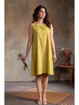 EARTHWEAR - Yellow Floral Handloom Cotton Hand Embroidered Sleeveless Dress