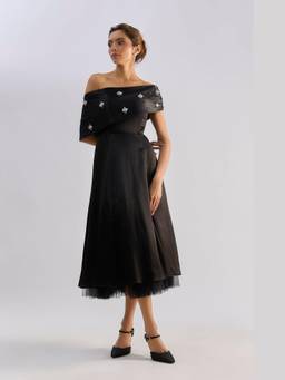 EMBLAZE - Black Off Shoulder Embellished Flayered Dress