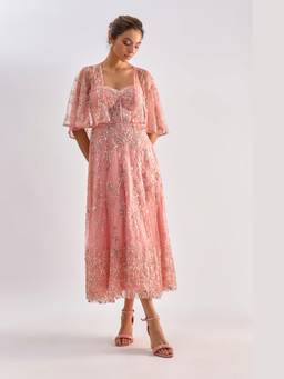 EMBLAZE - Pink Embellished Corset Flayered Dress With Jacket