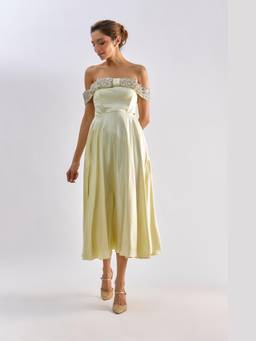 EMBLAZE - Yellow Embellished Bow Flared Dress