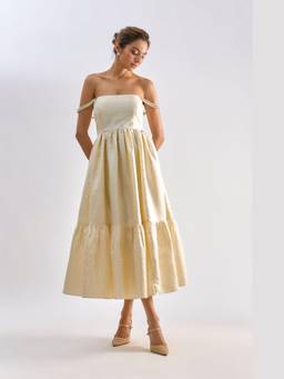 EMBLAZE - Yellow Brocade Embellished Flayered Dress