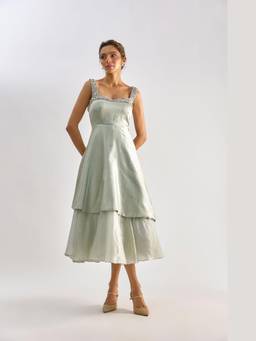 EMBLAZE - Sage Green Embellished Layered Flayered Dress