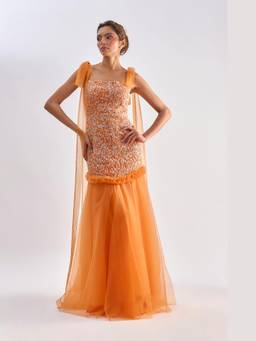 EMBLAZE - Orange Embellished Ruffle Tulle Gown