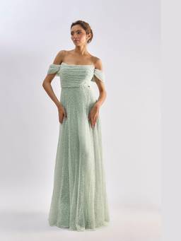 EMBLAZE - Mint Tulle Embellished Roughed Gown