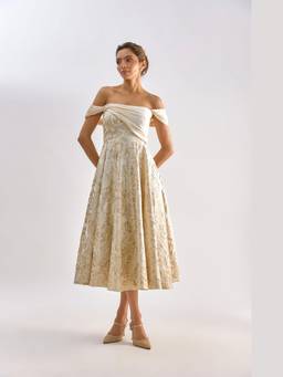 EMBLAZE - Beige Floral Textured Brocade Flayered Dress