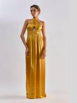 EMBLAZE - Golden Satin Embellished Halter Neck Dress