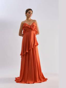 EMBLAZE - Rust Embellished Ruffle Slip Gown