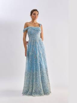 EMBLAZE - Sea Blue Embellished Drape One Shoulder Gown