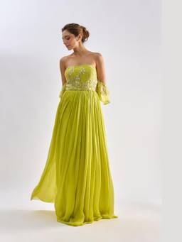 EMBLAZE - Neon Green Drop Sleeves Embellished Gown