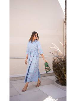 Gulabo Jaipur - Powder Blue Floral Embroidered Shirt Dress