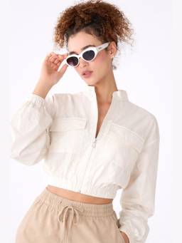 SAINTLY - Ivory Cropped Zip-Up Jacket