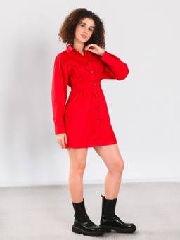 SAINTLY - Red Button-Down Shirt Mini Dress