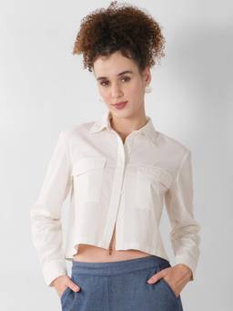 SAINTLY - White Cotton Cropped Utility Shirt