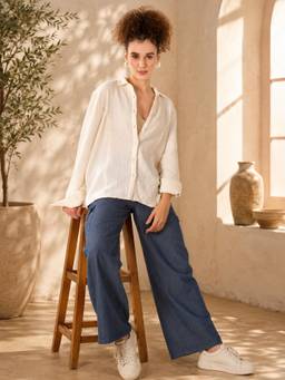 SAINTLY - Ivory Textured Cotton Relaxed Shirt