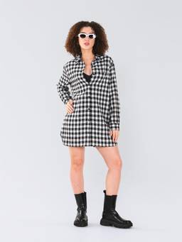 SAINTLY - Monochrome Gingham Shirt Dress