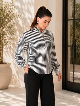 SAINTLY - Multi Colored Vertical Striped Ruffle Collar Shirt
