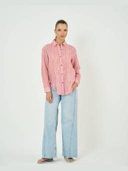 SAINTLY - Pink Sequin Striped Oversized Shirt