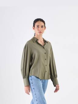 SAINTLY - Olive Cotton Relaxed Shirt
