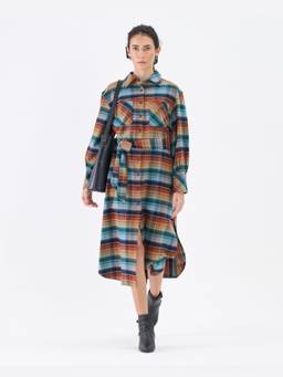 SAINTLY - Multicolor Check Belted Shirt Dress