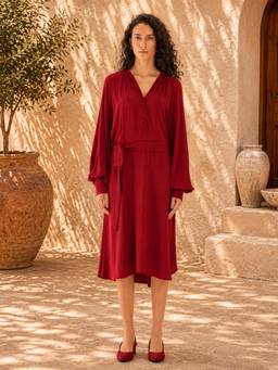 SAINTLY - Crimson Red Belted A Line Dress