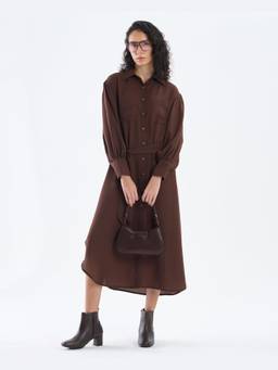 SAINTLY - Cocoa Brown Belted Shirt Midi Dress