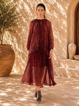 SAINTLY - Burnt Brick Paisley Pleated A Line Midi Dress