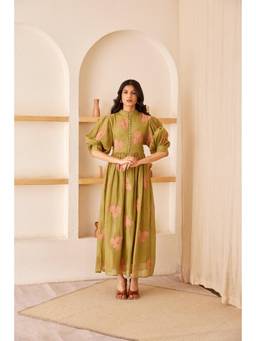 THE RIGHT CUT - Green Chanderi Silk Hand Embroidered Dress