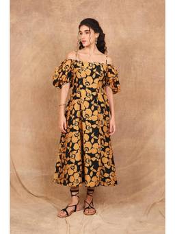 THE RIGHT CUT - Mustard Bloom Puff Maxi Dress