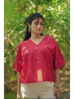 NILAM INDIA - Red Shaam Hand Embroidered Kaftan Top