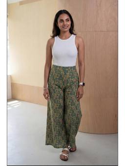 NILAM INDIA - Floral Green Hand Screen Printed Wrap Pant