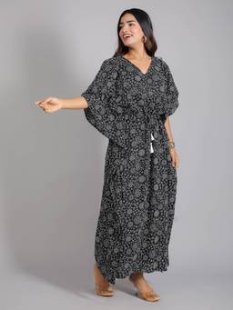 House of Gulab - Black Floral Print Cotton Maxi Kaftan Dress