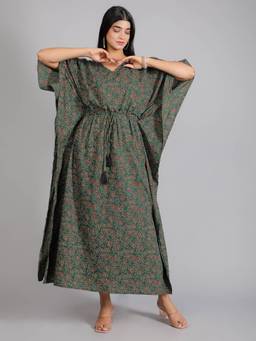 House of Gulab - Green Floral Print Cotton Maxi Kaftan Dress